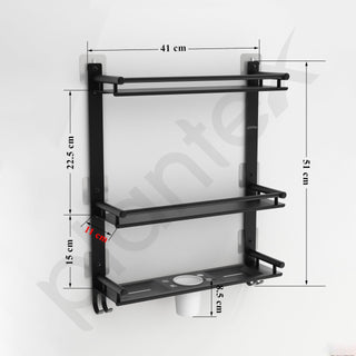 Plantex Self Adhesive Stainless Steel Shelf/Bathroom Organiser Without Drill/Shelf for Bathroom with Soap Dish/Toothbrush Holder/3 Tier Multipurpose Rack with Hooks (Black)