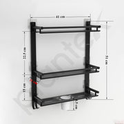 Plantex Self Adhesive Stainless Steel Shelf/Bathroom Organiser Without Drill/Shelf for Bathroom with Soap Dish/Toothbrush Holder/3 Tier Multipurpose Rack with Hooks (Black)