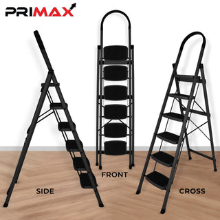Primax 5-Step Steel Ladder for Home - Wide Anti Skid Step Ladder | Durable, Heavy Duty, Anti-Skid Step Ladder (Black)