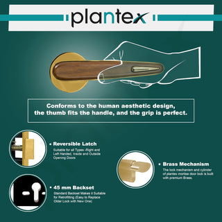 Plantex Premium Main Door Lock with 3 Years Warranty - Mortise Lock Set for Home (PVD Gold & Wood Finish)