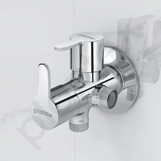 Plantex FLO-808 Pure Brass 2-Way Angle Valve/Angle Cocke for Bathroom With Brass Wall Flange & Teflon Tape (Mirror-Chrome Finish)