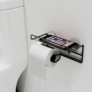 Plantex GI Steel Self Adhesive Toilet Paper Holder/Tissue Paper Roll Holder with Mobile Stand/Towel Bar Hanger Storage Rack/Bathroom Accessories(Black)