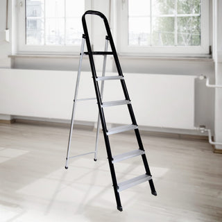 Plantex 6 Step Aluminium Folding Step Ladder with Wide Step for Home Use/Step Ladder-6 Step (Black-Silver)