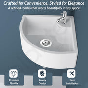 Plantex Ceramic Basin with Stainless Steel Pillar Cock and 3-inch Waste Coupling/Wall Hung Basin/Deck Mount Tap/Corner Basin for Bathroom - (Cornia - Combo)