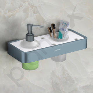 Plantex Aluminium and Acrylic 2 in 1 Shampoo Dispenser with Toothpaste Holder/Liquid Soap Dispenser with Tumbler Holder/Bathroom Accessories - (Grey and Milky White)