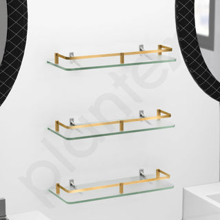 Plantex Frosted Glass Shelf for Bathroom/Shelf with Brass Railings and Brackets/Shelf for Living Room/Bedroom/Kitchen - Pack of 3 (15 x 6 inch, Brass Antique)