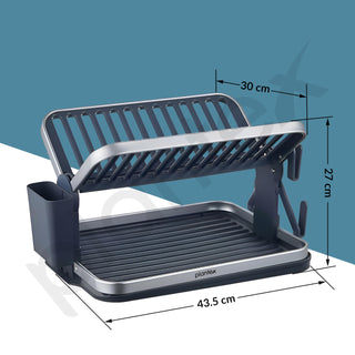 Plantex Kitchen Storage Rack/Aluminium Fold Flat Dish Drying Rack/2-Tier with Drainboard/Kitchen Organiser Rack - (Silver & Grey)