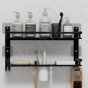 Plantex 5in1 Bathroom Organiser Without Drill/Stainless Steel Bathroom Shelf/Rack with Steel Soap Stand for Wall/Tumbler/Brush Holder/Bathroom Fittings Accessories Set (Black)