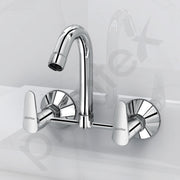 Plantex Pure Brass Bathroom Basin Mixer with Swivel Spout/Double Handle Hot & Cold Water Tap for Kitchen Sink with Brass Wall Flange & Teflon Tape (DOL-2315, Chrome)