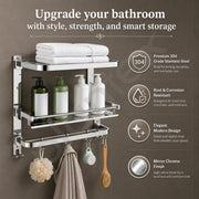 Plantex Folding Bathroom Shelf for Wall/304 Grade Stainless Steel Shelf for Bathroom with Hooks and Towel Rod/Rack/Premium Multipurpose Organizer (3-Tier, Chrome)