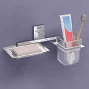 Plantex 304 Grade Stainless Steel 2 in 1 Soap Dish with Tumbler Holder/Soap Holder/Toothbrush Holder/Bathroom Accessories - Crystal (Chrome)