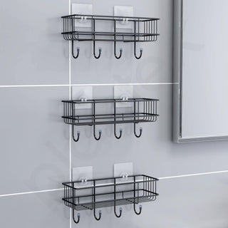 Plantex Drill Free Bathroom Shelf for Wall/Self Adhesive Shelf for Kitchen with Hooks & Magic Sticker/Bathroom Accessories Set - GI Steel (Pack of 3)