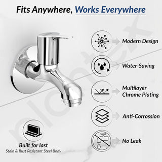 Plantex Bib Cock Tap for Bathroom/Short Body Taps/Wall Mount Tap for Wash Basin with Teflon Tape & Wall Flange - Pack of 1 (Rio, Chrome)