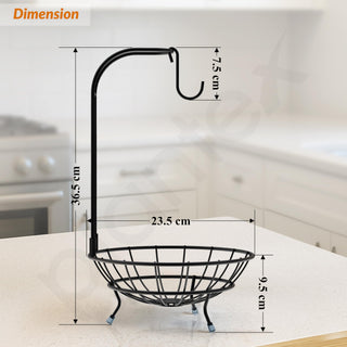 Plantex GI Steel Fruit Bowl with Banana Hanger/Banana Stand For Kitchen/ 2-in-1 Fruit Basket with Banana Hook (Colour- Black)