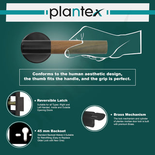 Plantex Main Door Lock/Mortise Lock for Door with 3 Years of Warranty - Robust Door Lock for Home with Brass Lock Body & Cylinder (Black & Wood Finish)