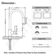 Plantex 304 Stainless Steel Pull-Down Kitchen Sink Tap/Sink Tap for Kitchen Basin with 360⁰ Swivel Spout/Kitchen Sink Faucet - (1062, Chrome)