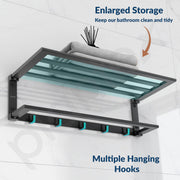 Plantex Folding Towel Rack with Towel Rod and Hooks for Bathroom/24 Inch Aluminium Towel Hanger/Stand/Bathroom Accessories - Pack of 1 (Black, 6900)