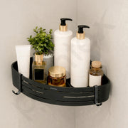 Plantex Drill Free Corner Shelf for Bathroom/Self Adhesive Bathroom Shelf Corner/Aluminum Wall Mount Side Corner Shelf Organizer/Shelf for Kitchen with Removable Hooks- 9x9 inch (Matt Black)