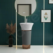 Plantex Acrylic Resin & Quartz Pedestal Basin for Bathroom/Designer One Piece Pedestal Free Standing Round Wash Basin for living Room/Hotel (White & Grey)