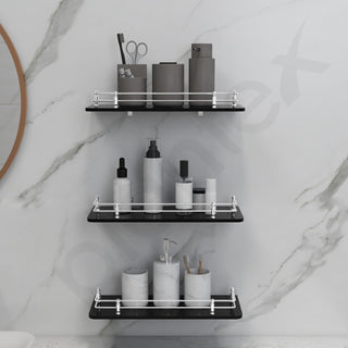 Plantex Heavy Duty Black Glass Shelf for Bathroom/Kitchen Wall Shelf/Living Room Glass Shelf, Polished (12x6 Inches - Pack of 3)