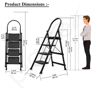 Plantex Hercules Pro 4-Step Foldable Ladder for Home with 200 kg Load Capacity/Heavy-Duty GI Steel Ladder/Anti-Slip Wide Step/Strong, Stable & Multi-Purpose (Black)