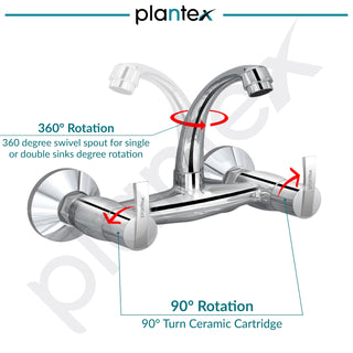 Plantex Pure Brass Sink Mixer Tap/Hot and Cold Water Mixer with Swinging Spout/Wall Mount Kitchen Sink Tap with Brass Wall Flange & Teflon Tape - (Chrome - AQ-1414)