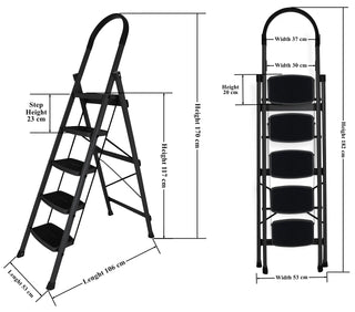 Primax 5-Step Steel Ladder for Home - Wide Anti Skid Step Ladder | Durable, Heavy Duty, Anti-Skid Step Ladder (Black)
