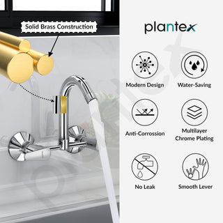 Plantex Pure Brass Bathroom Basin Mixer with Swivel Spout/Double Handle Hot & Cold Water Tap for Kitchen Sink with Brass Wall Flange & Teflon Tape (DOL-2315, Chrome)