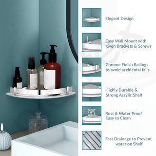 Plantex Bathroom Corner Shelf for Wall Acrylic/Wall Mounted Shelf for Bathroom with Stainless Steel Railings/Wash Room Accessories Items (White, 10x10 inches)