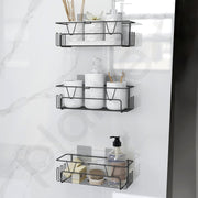Plantex Bathroom Organiser Without Drill/Self Adhesive Bathroom Shelf for Wall/GI Steel Rack with Side Hooks & Magic Sticker/Bathroom Accessories Set (Black, Powder Coated) - Pack of 3