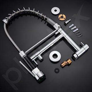 Plantex Brass Sink Tap for Kitchen | 360° Swivel Spout Kitchen Faucet with Double Handle | Spring Pull Out Tap for Kitchen Sink (Chrome & Black)