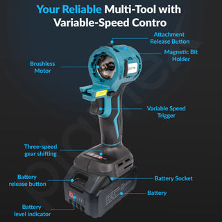 Plantex 21V Brushless - Mainframe Multi-Power Tool with Battery and Charger/7in1 Function/Variable Speed up to 24000 RPM Multi-Head Power Tool - (Tools Not Include) (Blue & Black)