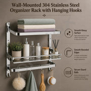 Plantex Folding Bathroom Shelf for Wall/304 Grade Stainless Steel Shelf for Bathroom with Hooks and Towel Rod/Rack/Premium Multipurpose Organizer (3-Tier, Chrome)