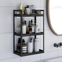 Plantex 3 Tier Self Adhesive Bathroom Shelf/Multipurpose Bathroom Countertop Storage Shelf/Metal Standing Spice Rack Storage Organizer for Kitchen(Black, Powder Coated)