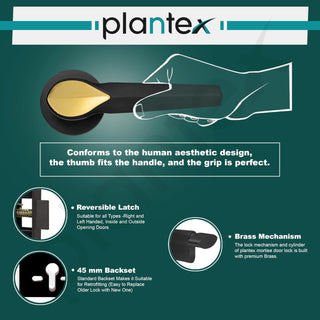 Plantex Heavy Duty Door Lock/Main Door Mortise Lock Handle/Handle Set for Home/Office (PT-012, Gold & Black)