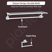 Plantex 304 Grade Stainless Steel Bathroom Accessories Set of 5 - Towel Stand/Napking Ring/Soap Holder/Toothbrush Stand/Robe Hanger - Squaro (Chrome)