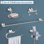 Plantex 304 Grade Stainless Steel Bathroom Accessories Set of 5 - Towel Rod/Hand Napkin Hanger for Wash Basin/Soap Case/Toothbrush Holder/Robe Hook - Niko (Chrome)
