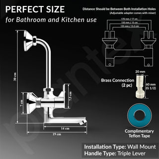 Plantex 2 in 1 Wall Mixer for Bathroom/Mixer L-Bend Provision for Overhead/Mixer Tap for Bathroom with Water Saving Nozzle and Wall Flange (3215, Chrome)