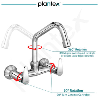 Plantex LEA-714 Pure Brass Sink Mixer Tap Hot and Cold/Kitchen Sink Tap/Mixer Tap for Kitchen Sink with Brass Wall Flange and Teflon Tape- (LEA-714 -Chrome)