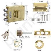 Plantex Brass Tri-Bolt Lock For Main Door/Heavy Duty Door Lock With 4 Keys/Suitable On Single Door For Home/Office/Hotel - Pack Of 1 (Brass Antique)