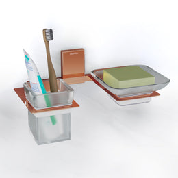 Plantex 304 Grade Stainless Steel Glass Soap Dish with Tumbler Holder/Soap Stand/Glass Toothbrush Holder/Bathroom Accessories - Crystal(PVD Rose Gold)