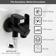 Plantex Two Way Tap for Washing Machine/Quarter Turn 2 in 1 Bib Cock/Wash Basin tap with Teflon Tape and Wall Flange/2 Way Bathroom Tap with Brass Spindle -(Saga-Black)
