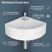 Plantex Ceramic Basin with Stainless Steel Pillar Cock and 3-inch Waste Coupling/Wall Hung Basin/Deck Mount Tap/Corner Basin for Bathroom - (Cornia - Combo)