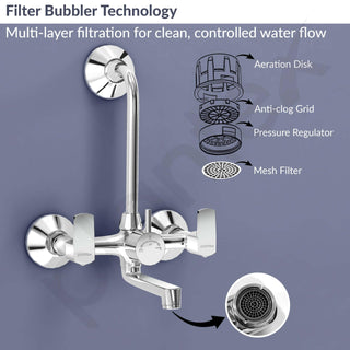 Plantex Wall Mixer 2 in 1 with L-Bend Connector for Rain Shower/Nickel Chrome Mirror Finish Mixture Tap for Bathroom with Wall Flange-(APS-1299)