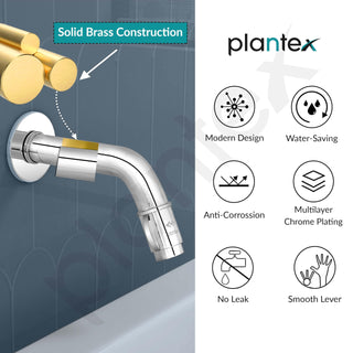 Plantex Pure Brass MAG-1201 Mouth-Flow Swan Neck Bib Cock Water Tap with Teflon Tape & Brass Wall Flange with Bib Tap with Water Saving Nozzle 7-Year Warranty (Mirror Chrome)