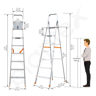 Plantex Legend Aluminium Folding 7 Step Ladder for Home - 7 Step Anti Skid Ladder/Wide Step Ladder (Orange-Silver)