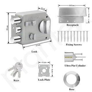 Plantex Rim Lock for Main Door - Heavy Duty With 4 Keys - Suitable for Inside Opening Wooden Doors - Pack of 1 (Satin)