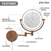 Plantex Brass and 304 Stainless-Steel Magnifying Mirror with LED/Makeup Mirror with Light/Zoom Mirror- 5x/1x Magnification (8 Inch-Rose Gold/Wall Mount)