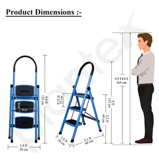 Plantex Premium 3 Steps Steel Ladder | Wide Anti-Skid Step Ladder | Easy to Fold | 5 Year Manufacturer Warranty(3-Step,Blue & Black)