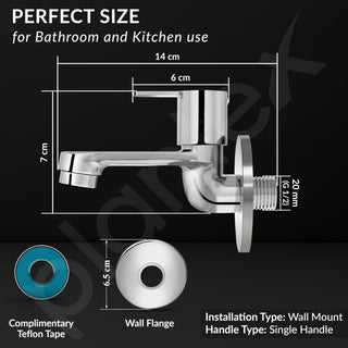 Plantex Long Body Bib Cock for Bathroom with Water Saving Aerator/Wall Mount Bib Tap with Wall Flange and Teflon Tape for Bathroom-7 Year Warranty (FLO-802-Chrome)